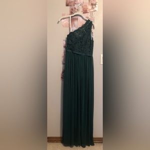 David’s Bridal bridesmaid green one strap dress lace slit